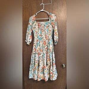 Baltic Born Floral Smocked Midi Dress with Puff Sleeves - White/Coral/Blue